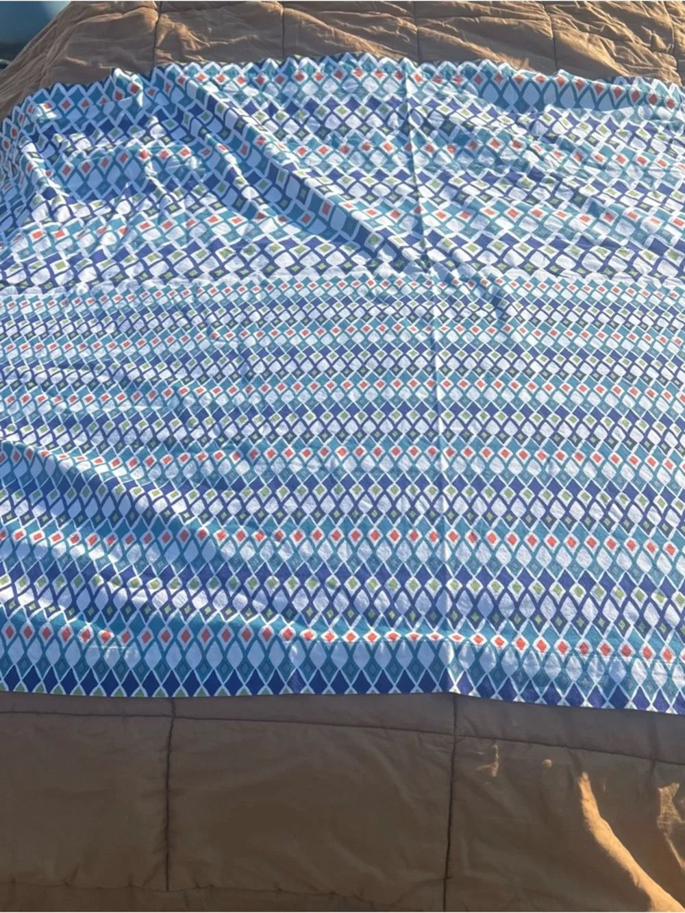 Crate&Barrel Malani Blue/Orange Geometric Tablecloth  60” x 90” Rectangular